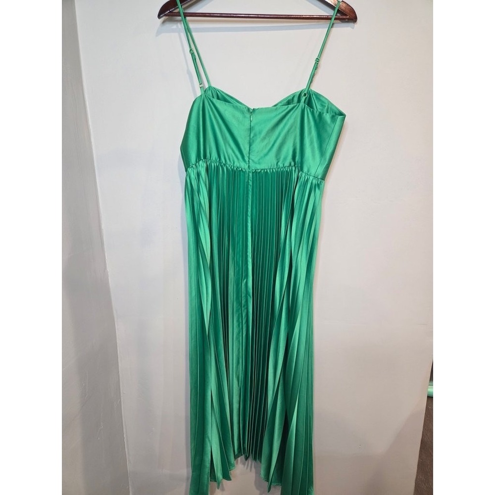 Nicole Miller New York Pleated Satin Midi Dress Green Womens 12 Spaghetti Strap - Picture 4 of 4